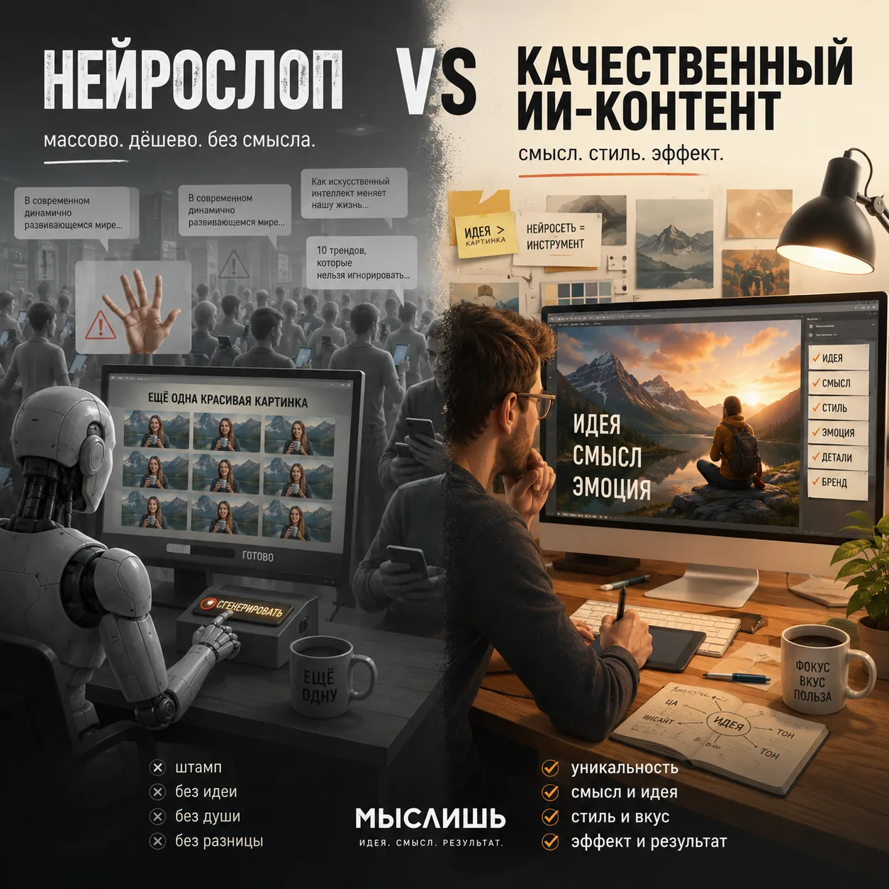 Нейрослоп против качественного ИИ-контента — человек управляет нейросетью
